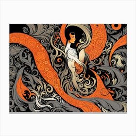I am in love, vector art, abstract art, woman portrait, woman, woman in nature, orange and black, orange and grey, grey and black, shades of grey, Woman in floral pattern , woman with flowers  Canvas Print