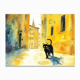 Black Cat In Florence Firenze, Italy, Street Art Watercolour Painting 1 Canvas Print