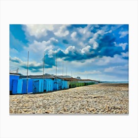 Coastal Serenity in Viareggio. A tranquil view of Viareggio's beach area, featuring iconic seaside structures and vibrant beach cabins, under a dramatic sky. The soft pastel tones of the scene reflect the relaxed charm of Versilia's coastline. 1 Canvas Print