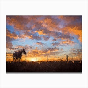 Lonely Horse At Sunset Oil Painting Landscape Canvas Print