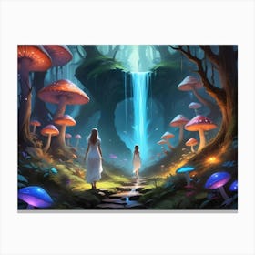 Two Women Walking Through A Mystical Forest With Glowing Mushrooms And A Waterfall Canvas Print