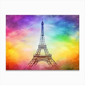 Eiffel Tower Watercolor Illustration With Rainbow Sky Canvas Print