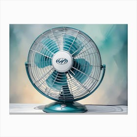 A Teal Electric Fan On A White Background Canvas Print