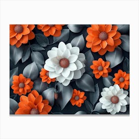 3d Colorful Flowers With Leaves Seamless Pattern, Orange And White Dahlia Flowers, Grey Canvas Print