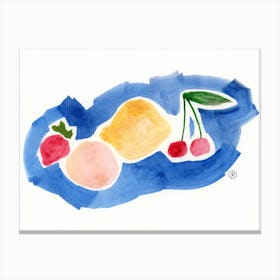 Fruits On Blue - watercolor hand painted food kitchen cherry strawberry lemon horizontal living room illustration Canvas Print