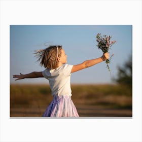 Little Girl Holding A Bouquet Of Flowers Canvas Print