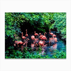 Flamingos in a Tranquil Lagoon. A serene scene of vibrant pink flamingos wading and interacting in a lush, green lagoon surrounded by dense foliage. The water reflects their elegant forms, creating a harmonious connection between nature and wildlife. 4 Canvas Print