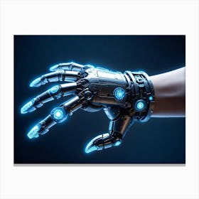 A Robotic Hand With A Metallic Finish And Glowing Blue Lights Extends A Hand Towards The Viewer 1 Canvas Print