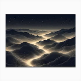 Abstract Night Scene Of A Valley Between Mountains With A Glowing, Path Or River Lit With White Lights, Resembling A Starry Sky Canvas Print