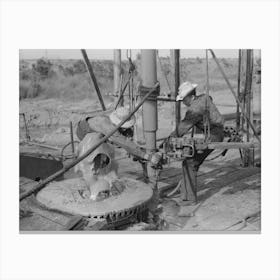 Adding A Length Of Drilling Pipe At Oil Well In Seminole Oil Field, Oklahoma, Wrench Applied To Loosen Pipe By Russell Lee Canvas Print