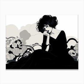 Sad Girl In A Black Dress Flowers Canvas Print