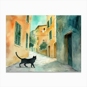 Black Cat In Ancona, Street Art Watercolour Painting 2 Canvas Print