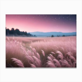 A Dreamy Field Of Tall, Pink Grass Under A Twilight Sky With Stars Canvas Print