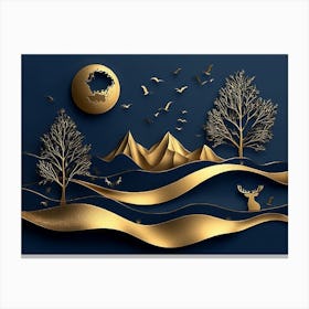 3d Modern Art with Dark Blue and Golden Wave 2 Canvas Print