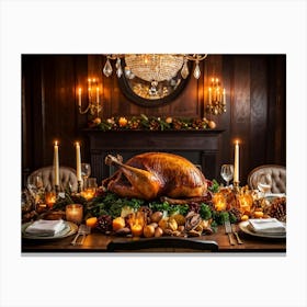 A Sumptuous Thanksgiving Banquet Showcasing A Centerpiece Of Succulent Fresh Roasted Turkey Surrou (6) Canvas Print