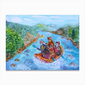 Cats Have Fun Summer Rafting On A Mountain River Four Cats In A Boat Canvas Print