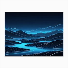 Abstract Image Of A Blue Neon Outline Of A Mountainous Landscape With A Winding River Canvas Print