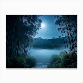 Midnight Landscape Showcasing Dense Bamboo Under A Star Filled Sky Bathed In The Soft Glow Of Moonl Canvas Print