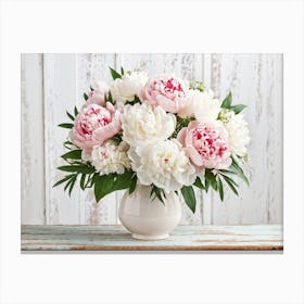 A Bouquet Of Pastel Pink And Pristine White Peonies With Hints Of Red Arranged Densely In A Natural Canvas Print