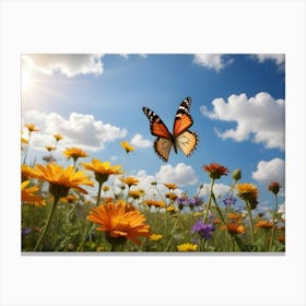 Vibrant Meadow With Colorful Wildflowers And A Monarch Butterfly In Flight Under A Sunny Sky With Fluffy White Clouds Canvas Print