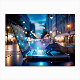 Person Using A Laptop On A Table At Night With City Lights Blurred In The Background Canvas Print