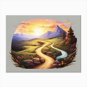 Beautiful Country Path With A Small River And Some Flowers And Trees Leading To A Bright Sunrise By The Mountains - Vivid Color Illustration Canvas Print