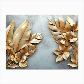 3d Gold Floral Plants and Palm Leaves Art, Grey Background, Abstract Tropical Leaves, Banana Canvas Print