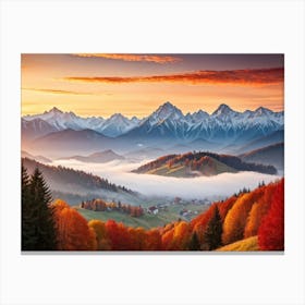 Autumn Landscape Panoramic View Of The Tatra Mountains Leaves In Vivid Shades Of Red Orange And (1) 2 Canvas Print