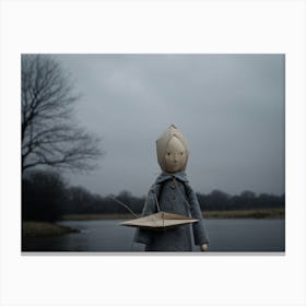 Melancholy Faced Stick Doll Simplistic Design Cradling A Small Delicately Crafted Paper Boat Sit 1 Canvas Print