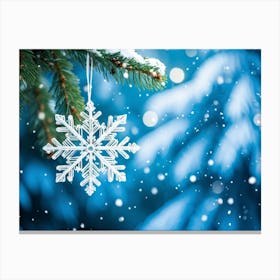 Closeup Of A Single Shiny Snowflake Resting On A Fir Tree Branch White And Blue Hues Dominating The Canvas Print