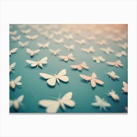 A Blue Background With Many White Paper Butterflies Scattered Over It Canvas Print