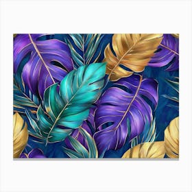 Tropical Colourful Leaves In Blue Green Gold Purple Hand Painted 3d Illustration Floral Seamless Pattern Canvas Print