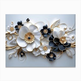 3d Artwork Illustration White and Blue Background with Golden Jewelry and Flowers 3 Canvas Print