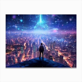 Man stands on rooftop of a tall building, gazing at an abstract, modern, sci-fi city Canvas Print