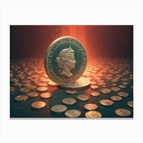 A Silver And Green Coin Featuring A Woman S Portrait Stands On A Pile Of Gold Coins, Illuminated By A Red Light Beam Canvas Print