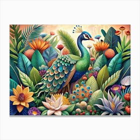 Peacock Standing In A Lush Tropical Garden 1 Canvas Print