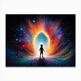 Whimsical Silhouette Of A Child Figure Emerging From A Portal Surrounded By Polychrome Particles An Canvas Print