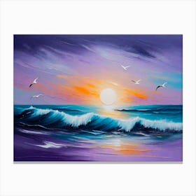 Seagulls over the Sea by the Beach at Sunrise - Color Canvas Oil Paint Style Canvas Print
