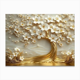 3d Art Golden Tree With White Flowers 2 Canvas Print