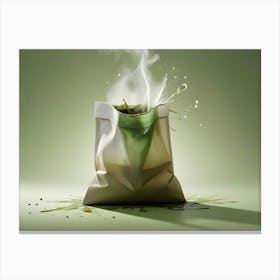 A Steaming, Green Tea Bag With Liquid Spilling Out On A Light Green Background Canvas Print