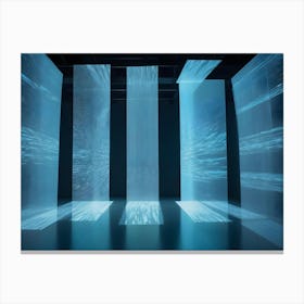 An Empty Room With Several Large, Glowing Panels That Display Abstract Patterns Of Light And Lines, Creating A Futuristic And Ethereal Aesthetic Canvas Print