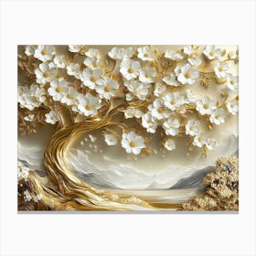 3d Golden Tree with White Flowers 4 Canvas Print