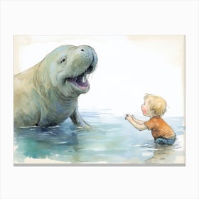 Boy Talking To A Walrus Canvas Print