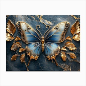 3d Luxury Blue and Gold Butterfly with Golden Leaves on Dark Marble Background Canvas Print