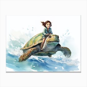 Little Girl Riding Sea Turtle 1 Canvas Print