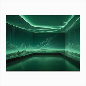 An Empty, Futuristic Room With A Green Hued, Digital Landscape Projected Onto The Walls Canvas Print