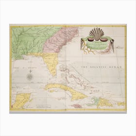 A Map Of Carolina, Florida And The Bahama Islands With The Adjacent Parts From The Natural History Of Carolina, Florida, And The Bahama Islands (1754), Mark Catesby Canvas Print