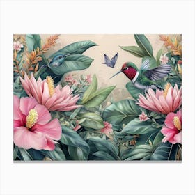 Vintage Tropical Background with Protea, Hibiscus Flowers, Leaves, Hummingbirds, Butterflies Canvas Print