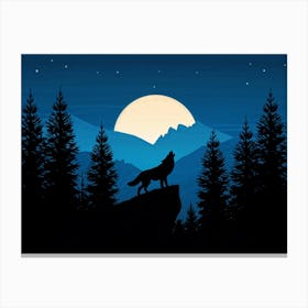 Illustration Of A Lone Wolf Howling Under A Full Moon In The Wilderness Of Wyoming Its Silhouette A (4) Canvas Print