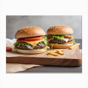 Two Cheeseburgers With Fries And Orange Juice On Wooden Board Canvas Print